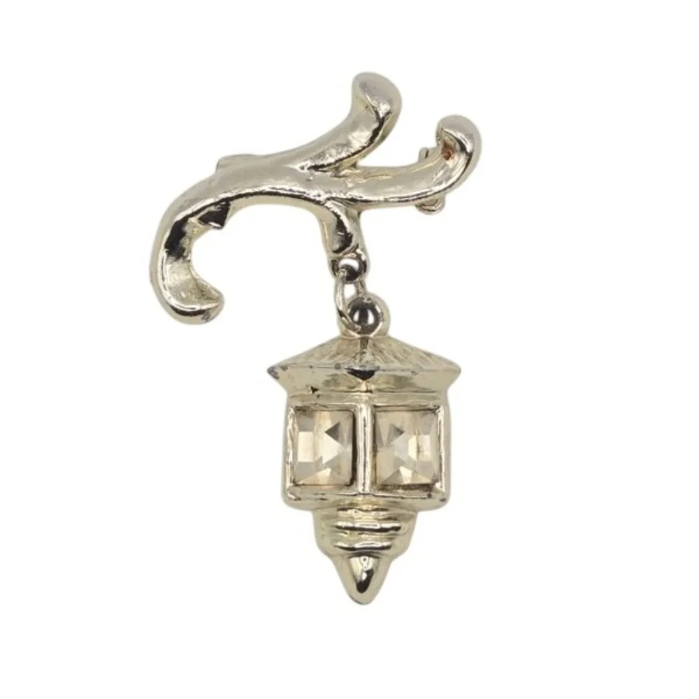 Vintage Silver Tone Lamp Charm Brooch with Rhinestones Movable Dangle‎ Accent
